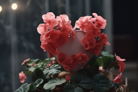 A heart-shaped planter filled with beautiful pink flowers. This picture can be used to add a touch of romance and beauty to any project.の素材