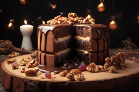 A delicious chocolate cake with a slice missing, perfect for any celebration or dessert.の素材