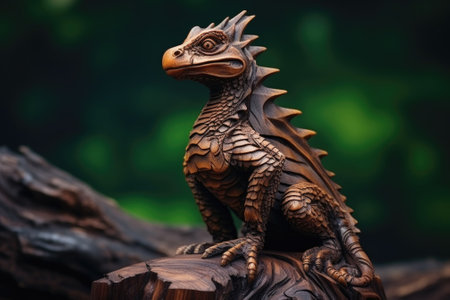 A statue of a dragon sitting on top of a tree stump. Perfect for fantasy-themed designs and decorations.の素材