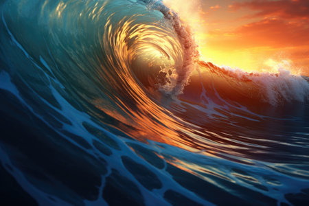 A stunning image capturing a large wave in the ocean at sunset. Perfect for beach enthusiasts and nature lovers.の素材