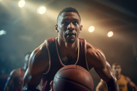 A man holding a basketball on a court. Suitable for sports, fitness, and basketball-related themes.の素材