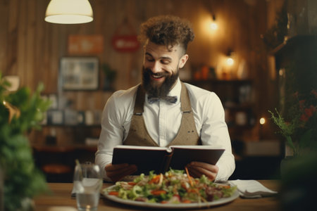A man is seen sitting at a table with a plate of food. This image can be used to represent dining, eating, or enjoying a meal.の素材