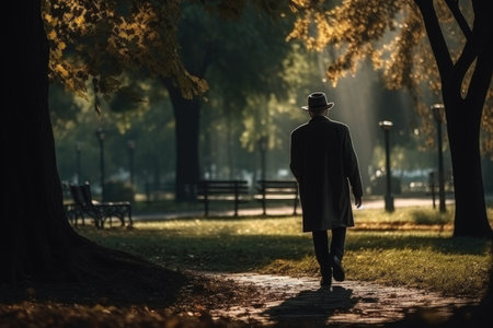 A man is seen walking down a path in a park. This image can be used to depict leisurely walks, outdoor activities, and nature exploration.の素材