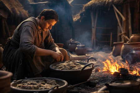 A man is seen cooking food on a fire inside a rustic hut. This image can be used to depict outdoor cooking, camping, survival skills, or traditional cooking methods.の素材