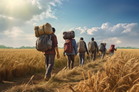 A group of people walking through a beautiful wheat field. Perfect for illustrating teamwork, nature, and outdoor activities.の素材