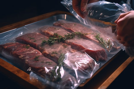 A person is shown placing a piece of meat into a plastic bag. This image can be used to showcase food preparation, storage, or cooking techniques.の素材