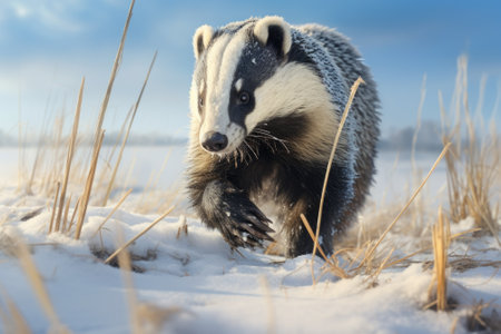 A badger walking through a snow-covered field. This picture can be used to depict winter wildlife or nature in cold climates.の素材