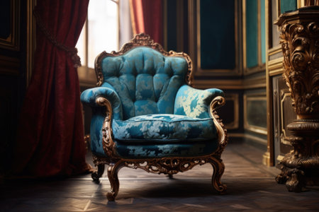 A blue chair sits in a room next to a window. This image can be used to depict a cozy corner or a comfortable reading nook.の素材