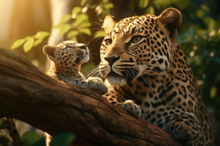 A mother leopard and her cub are seen sitting together on a tree branch. This image can be used to depict the bond between a mother and her child, wildlife conservation, or the beauty of nature.の素材
