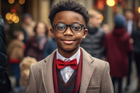 A young boy is pictured wearing glasses and a bow tie. This image can be used for various purposes.の素材