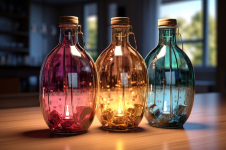 Three colorful glass bottles sitting on top of a wooden table. This image can be used for home decor, interior design, or still life photography projects.の素材