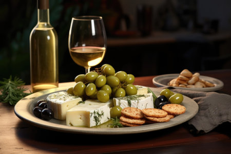 A plate of cheese, grapes, and crackers on a table. Perfect for a snack or appetizer. Can be used in food and beverage-related designs.の素材