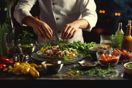 A chef is shown preparing a delicious salad on a table. This versatile image can be used to showcase food preparation, healthy eating, or culinary expertise.の素材