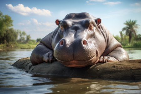 A hippo peacefully laying on a rock in the water. This image can be used to depict the tranquility of nature or as a representation of wildlife in their natural habitat.の素材