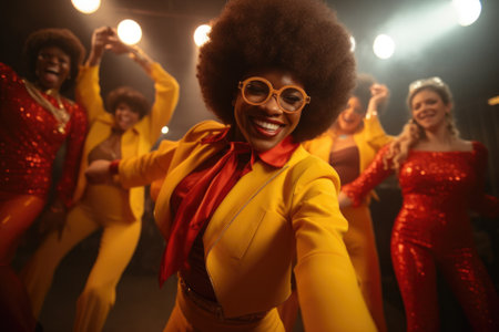A woman wearing a vibrant yellow suit and stylish glasses dancing with joy. This energetic image can be used to depict happiness, celebration, freedom, and self-expression.の素材