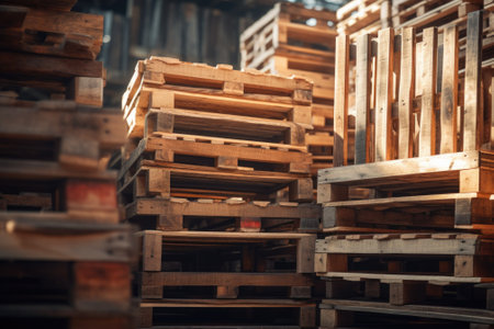 A pile of wooden pallets stacked on top of each other. This versatile image can be used to represent logistics, transportation, storage, shipping, or industrial concepts.の素材