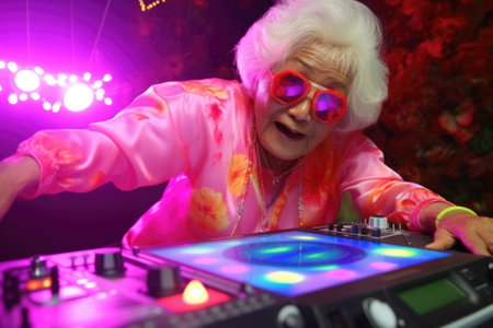 A woman dressed in a pink outfit is seen playing a DJ set. This image can be used to showcase a female DJ or to represent the vibrant and energetic atmosphere of a music event.の素材