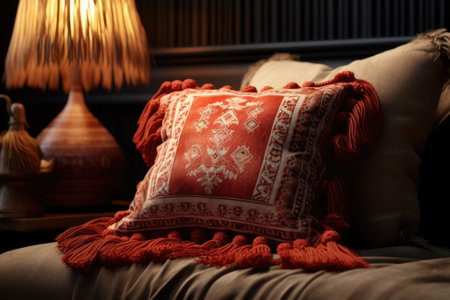 A red and white pillow sitting on top of a couch. Can be used to add a pop of color to any living space.の素材