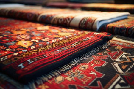 A pile of oriental rugs neatly arranged on a table. Perfect for adding warmth and style to any interior design. .の素材