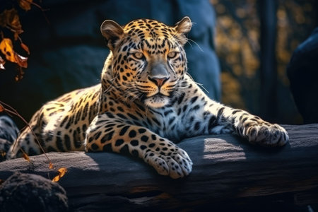 A leopard is seen lying on top of a log. This image can be used to depict the natural habitat and behavior of leopards in the wild.の素材