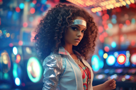 A woman with curly hair wearing a silver jacket. This versatile image can be used for fashion, style, winter, and trendy concepts.の素材