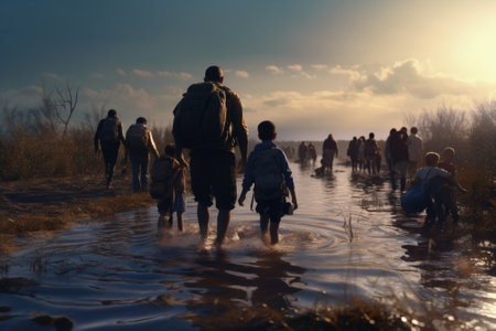 A group of people walking through a body of water. Perfect for illustrating teamwork, adventure, or exploring nature. .の素材