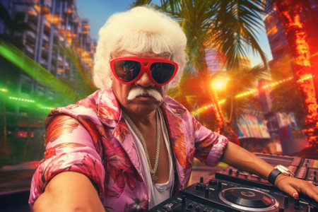 A man wearing sunglasses and a pink shirt is seen playing as a DJ. This image can be used to depict a DJ at a party or event.の素材