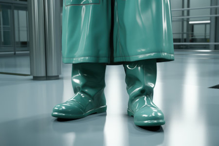 A pair of green rain boots standing on a white floor. Perfect for rainy day concepts and outdoor activities.の素材