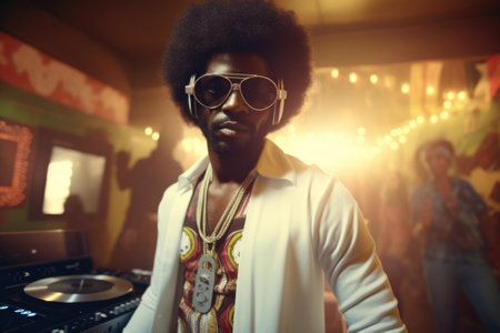 A stylish man wearing sunglasses and a tie stands confidently in front of a vintage record player. This image is perfect for showcasing retro fashion or music-themed designs.の素材