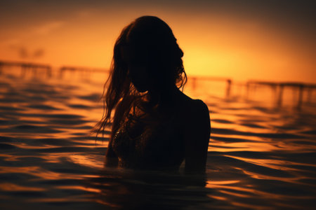 A woman standing in a body of water at sunset. This image captures the serene beauty of nature and the peacefulness of the moment. Perfect for use in travel brochures, relaxation-themed websites, and meditation materials.の素材