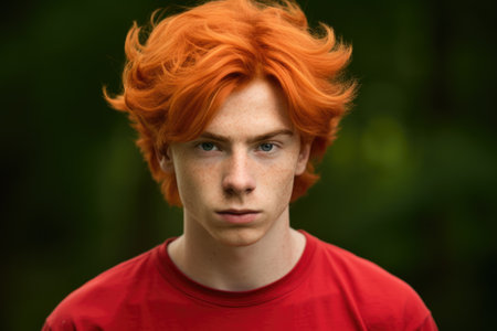 A young man with vibrant red hair wearing a red shirt. Suitable for various uses.の素材