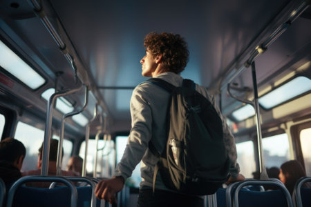 A picture of a man with a backpack sitting on a bus. This image can be used to depict public transportation, commuting, or travel.の素材