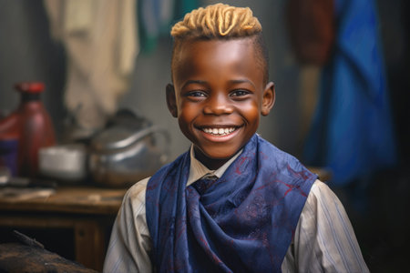 A young boy with blonde hair wearing a blue scarf. Suitable for various uses.の素材