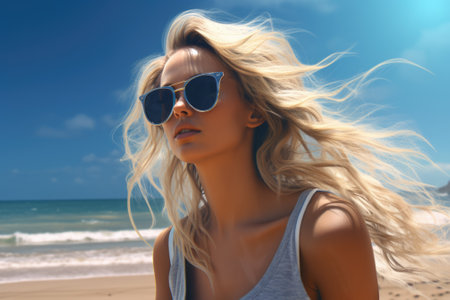 A woman wearing sunglasses on a beautiful beach near the ocean. Perfect for travel, vacation, and summer-themed designs.の素材