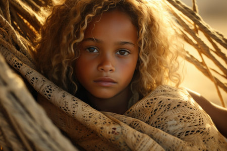 A young girl is comfortably wrapped up in a hammock, enjoying a relaxing moment. This image can be used to illustrate leisure, relaxation, or summer activities.の素材