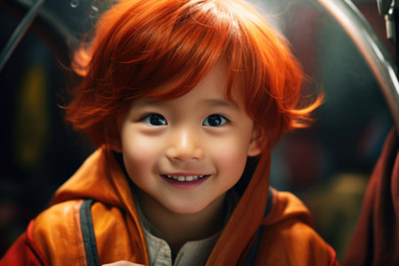 A cheerful little boy with red hair smiles directly at the camera. This image can be used to depict happiness, childhood, or family themes.の素材