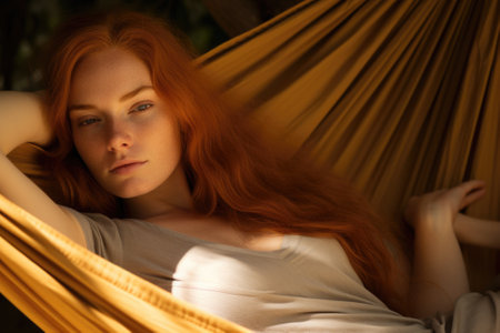 A woman with red hair is seen peacefully laying in a hammock. This image can be used to convey relaxation, leisure, and enjoying the outdoors.の素材