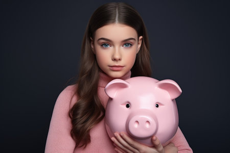 A woman holding a pink piggy bank. This image can be used to illustrate concepts related to savings, finance, budgeting, and personal finance advice.の素材
