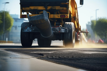 A photograph of a large yellow truck driving down a street. This image can be used to depict transportation, delivery, urban scenes, and commercial vehicles.の素材