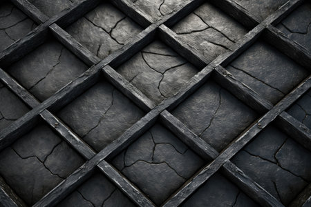 A close-up shot of a metal grid with visible cracks. This image can be used to depict concepts of decay, deterioration, or structural damage. It can also be used in designs related to urban landscapes, industry, or abstract art.の素材