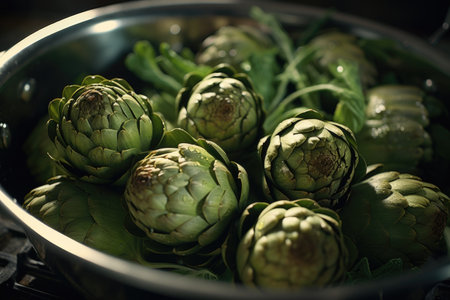 A pan filled with artichokes sitting on top of a stove. This image can be used to showcase cooking, healthy eating, or vegetarian recipes.の素材