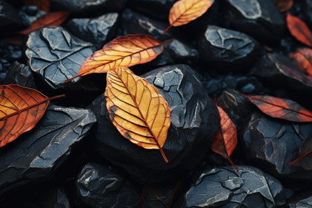 A pile of black rocks covered in vibrant orange leaves. This image can be used to depict autumn, nature, textures, or even contrast.の素材