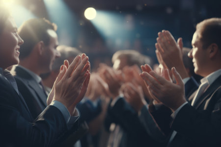 A group of business people showing their appreciation by applauding at a conference. This image can be used to depict teamwork, success, and collaboration in a professional setting.の素材