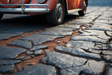 A red car parked on a charming cobblestone street. Perfect for automotive, travel, and urban exploration themes.の素材