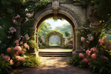 A picturesque garden filled with vibrant flowers and featuring a beautiful stone arch. This image can be used to enhance any project with a touch of natural beauty and tranquility.の素材