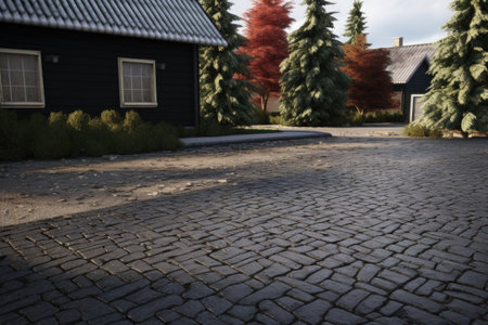 A picturesque brick road with a beautiful backdrop of trees. This image can be used to depict a scenic path or a journey through nature.の素材