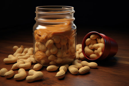 A jar filled with peanuts sitting on top of a wooden table. Perfect for food and snack concepts.の素材