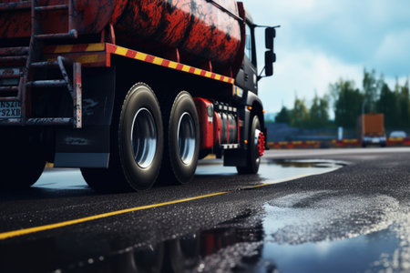 A red tanker truck is seen driving down a wet road. This image can be used to depict transportation, logistics, or rainy weather conditions.の素材