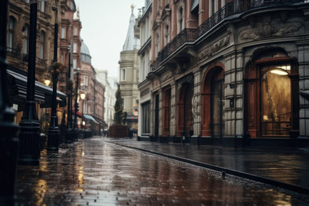A picture of a wet city street with a clock tower in the background. This image can be used to depict a rainy urban setting.の素材