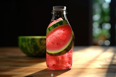 A bottle of watermelon placed on a rustic wooden table. Perfect for summer refreshment or healthy lifestyle concepts.の素材